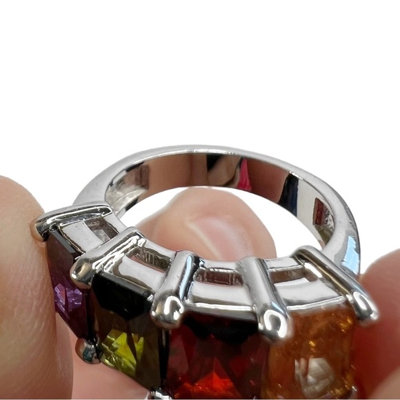 Emerald Cut Glass Stone Multicolored Rainbow Silver Tone Ring - Picture 9 of 9